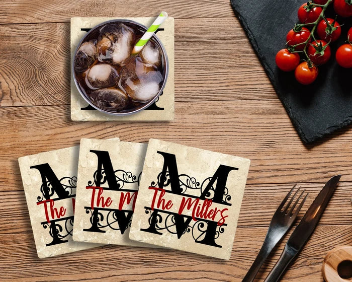 4" Personalized Split Scroll Monogram Stone Coasters, 2 Sets of 4, 8 Pieces - Christmas by Krebs Wholesale