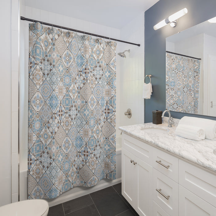 Azulejos Shower Curtain Beige Light Blue