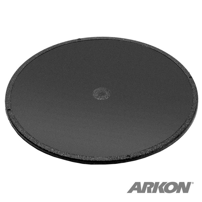 The Bulk Version of AP020 is a 90mm round, flat black adhesive dash mounting disk with a textured edge for 80mm suction mounts. Designed for dashboards, its ideal as a GPS or dashboard mount. The ARKON logo appears in the bottom right corner.