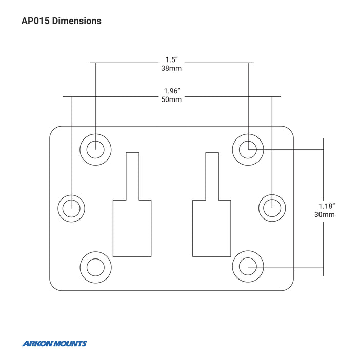 Technical diagram for Car Seat Rail or Floor Mount - 17mm Ball Compatible: rectangular plate (1.96 x 1.18) with four corner holes, two central slots (1.5 apart), fits 17mm ball end attachments.