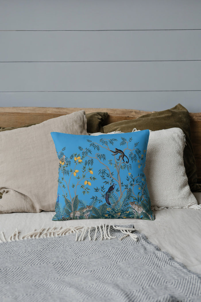 Chinoiserie Jungle Cotton Pillows Blue Monkeys