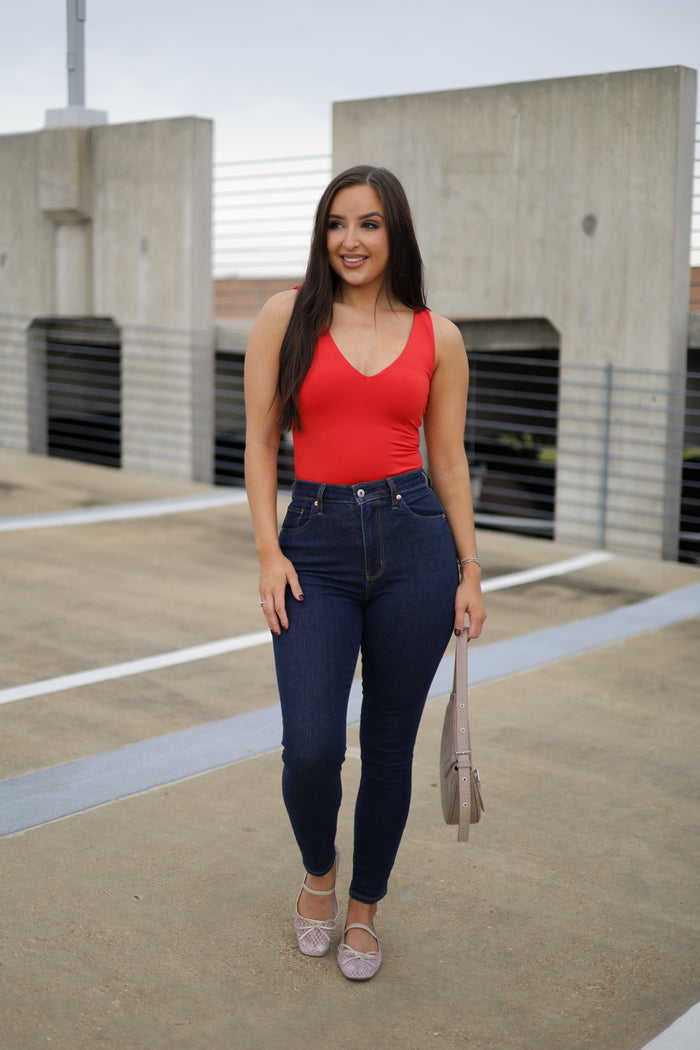 Daily Signature Knit V-Neck Bodysuit - Red