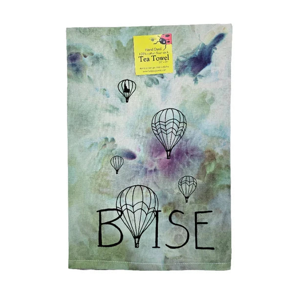 Dyed Balloons Over Boise Tea Towel, Hand drawn and Screen Printed flour sack towel