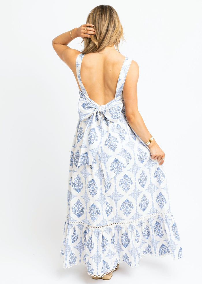 French Vintage Floral Tie Back Maxi Dress - Blue