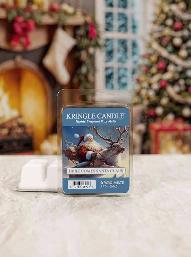 Kringle Candle wax melt package with Christmas-themed design on a white surface.