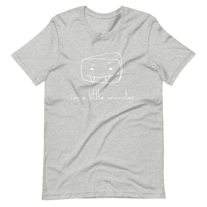 Gray "I'm a Little Munster" adult unisex t-shirt with playful graphic design, made of soft, lightweight fabric.
