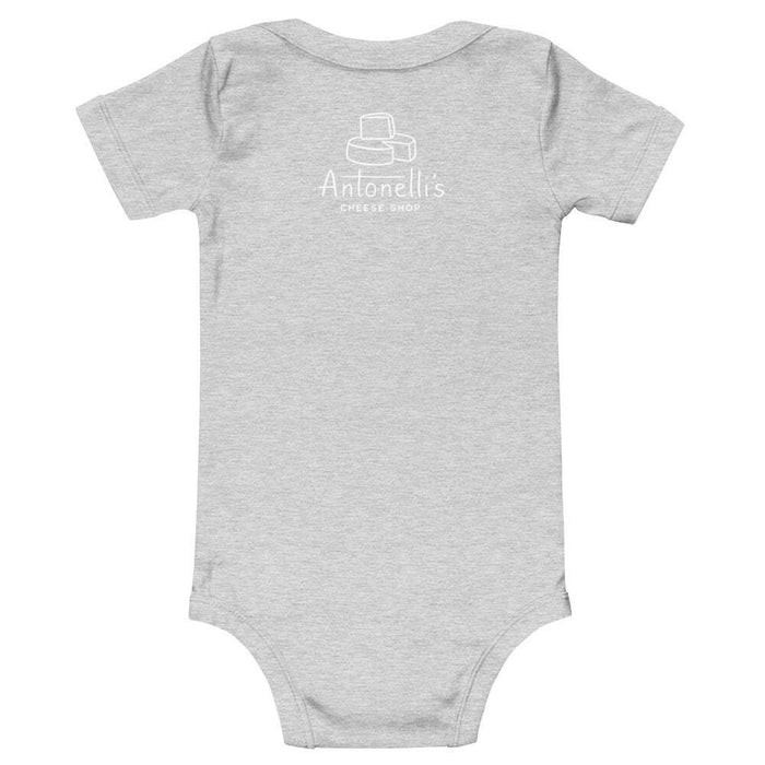 "I'm a Little Munster" baby one-piece in gray featuring Antonelli's Cheese Shop logo on the back.