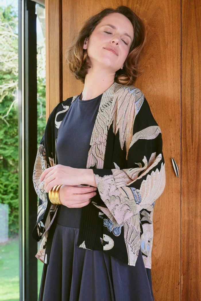 One Hundred Stars CKMCRABLK Crane Black Crepe Kimono - Dotique - One Hundred Stars