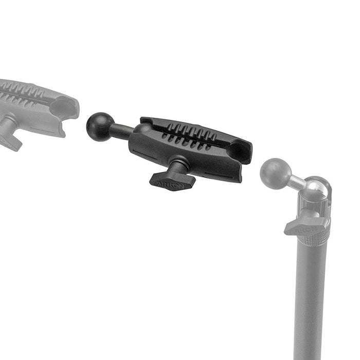 The Robust Mount Series - 25mm Shaft Extension with 25mm Ball Adapter Connector is shown attached to a metal rod, ideal for live streaming or crafting. Faded duplicates in the background highlight its versatile range of motion and positioning options.