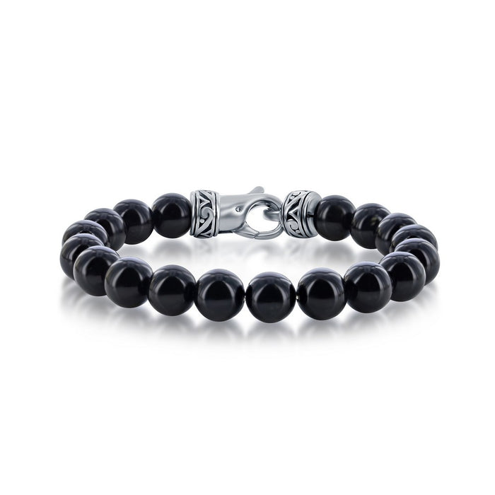 Stainless Steel 10mm Genuine Onyx Bead Bracelet, 8.5".