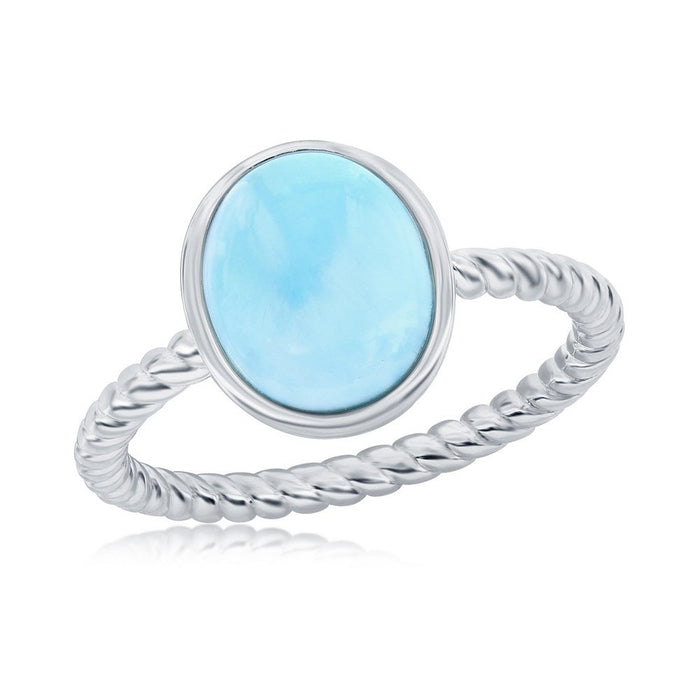 Sterling Silver Oval Larimar Ring with a Rope Design Shank.
