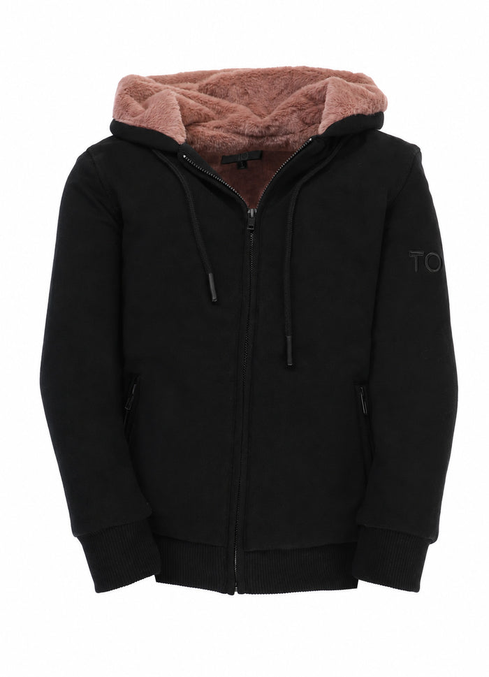 T.O. Adult's Black Fully Lined Fur Hoodie -Mauve Fur