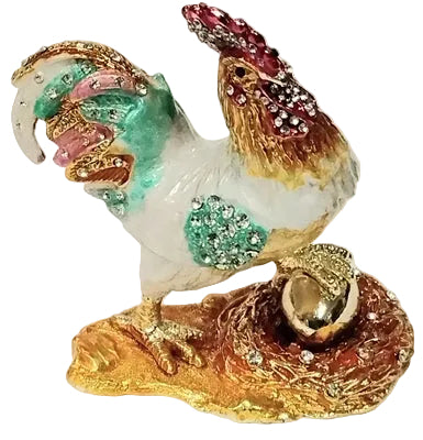 White and light blue with gold head Rooster with One leg on Gold Egg - Bejeweled Trinket Box TRNK-3492-3