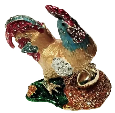 White and yellow with light blue head Rooster with One leg on Gold Egg - Bejeweled Trinket Box TRNK-3492-4