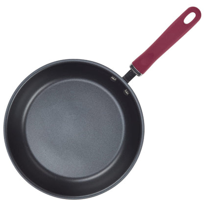 10.25-Inch Hard Anodized Nonstick Induction Deep Frying Pan, red handle, top view.