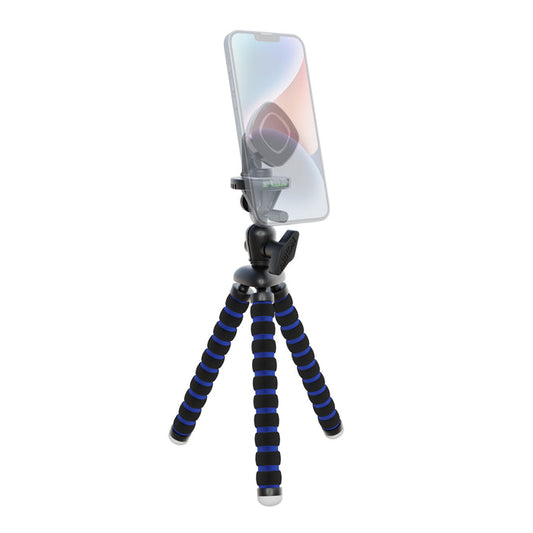 An 11-inch tripod mount with a magnetic phone holder and black and blue segmented flexible legs, positioned upright—ideal for streaming live video or recording content; the perfect accessory for content creators.