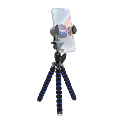 The 11 inch Tripod with RoadVise® Phone Holder Mount for Video features black and blue flexible legs, a sturdy mount, and adjustable joints—ideal for content creators who need stable smartphone photography or video recording.