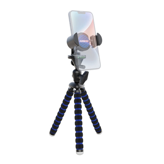The 11 inch Tripod with RoadVise® Phone Holder Mount for Video features black and blue flexible legs, a sturdy mount, and adjustable joints—ideal for content creators who need stable smartphone photography or video recording.