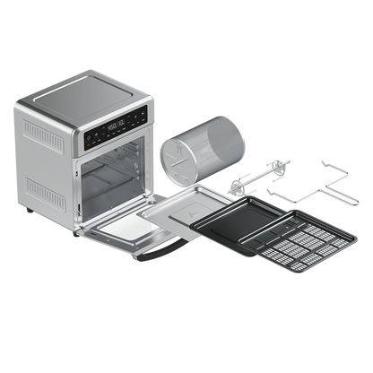 Cosori 13-Quart Air Fryer Oven shown alongside all included accessories: racks, trays, rotisserie kit, and basket.
