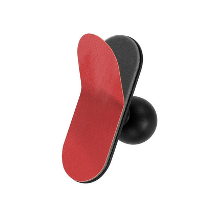 A close-up of the 1.5 inch Adhesive Car Mount for Garmin nuvi Series GPS shows its black body, oval red adhesive pad partially peeled to reveal the sticky side, and a 17mm ball adapter with spherical base, set against a white background.