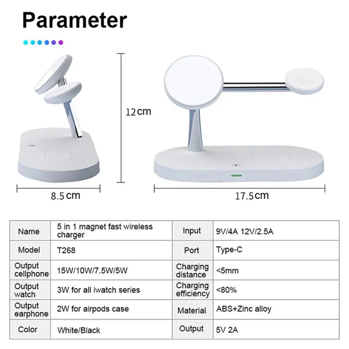 Wireless charging station with specifications.