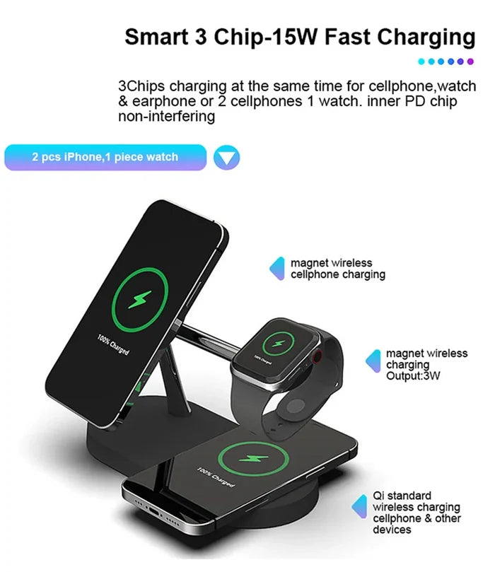 Three-device wireless charging stand.