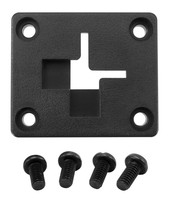 The 2-Way Single T-Slot Pattern to 4-Hole AMPS Adapter Plate is black with an irregular central cutout and four corner screw holes, shown with four black screws below for quick-release mounting.