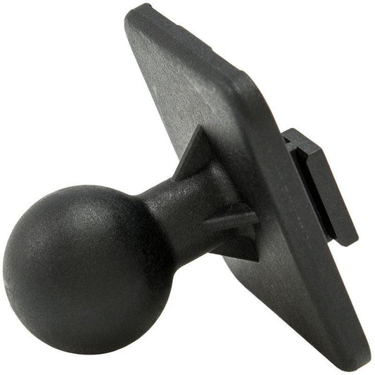 The 20mm Swivel Ball to Dual T-Tab Adapter is a black plastic ball adapter with a square flat base and round ball joint, designed for attaching devices. It is Dual-T compatible for heavy-duty mounting pedestals.