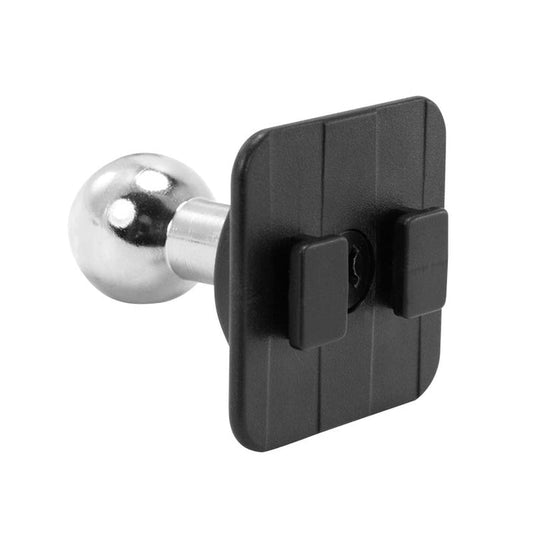 The 20mm Swivel Ball to Dual T-Tab Adapter features a metal ball-and-socket joint mounted on a square black plastic plate with two front clips, creating a heavy-duty mounting pedestal.