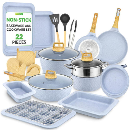 22-Piece Cookware Set, Non-Stick Marble Coating, Moon Grey