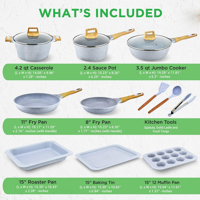 22-Piece Cookware Set, Non-Stick Marble Coating, Moon Grey