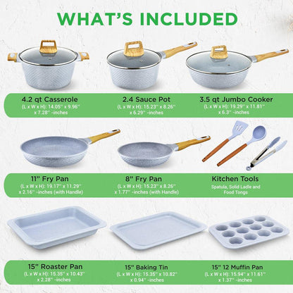 22-Piece Cookware Set, Non-Stick Marble Coating, Moon Grey