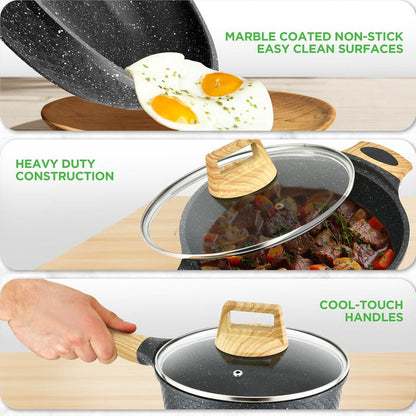22-Piece Non-Stick Cookware Set, Even Heat, Marble Coating, Black