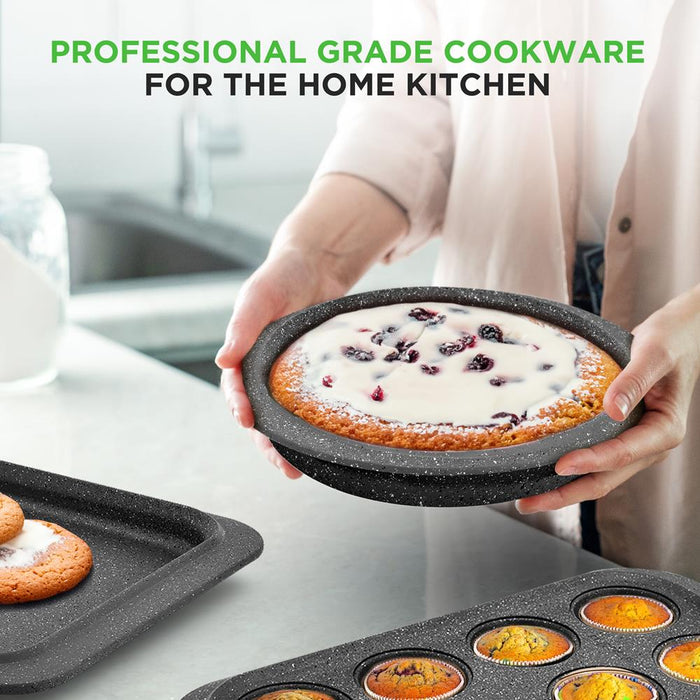 22-Piece Non-Stick Cookware Set, Even Heat, Marble Coating, Black