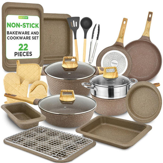 22-Piece Non-Stick Cookware Set, Even Heat, Marble Coating, Maroon