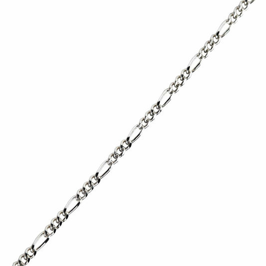A sleek 2mm silver Figaro chain necklace laid flat, showing its classic 3+1 link pattern and brilliant polish.
