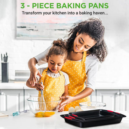 3-Piece Nonstick Baking Pan Set - Easy Clean Carbon Steel 0.6mm, Red Handles