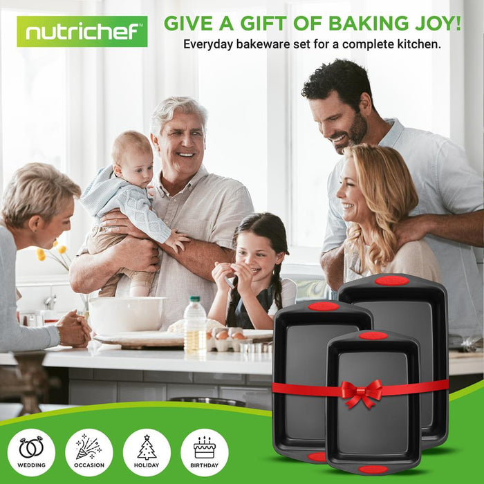 3-Piece Nonstick Baking Pan Set - Easy Clean Carbon Steel 0.6mm, Red Handles