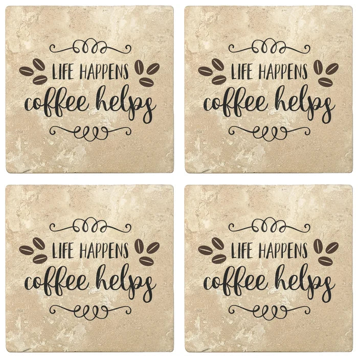 4" Absorbent Stone Coffee Gift Coasters, Life Happens Coffee Helps, 2 Sets of 4, 8 Pieces - Christmas by Krebs Wholesale