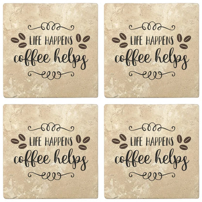 4" Absorbent Stone Coffee Gift Coasters, Life Happens Coffee Helps, 2 Sets of 4, 8 Pieces - Christmas by Krebs Wholesale