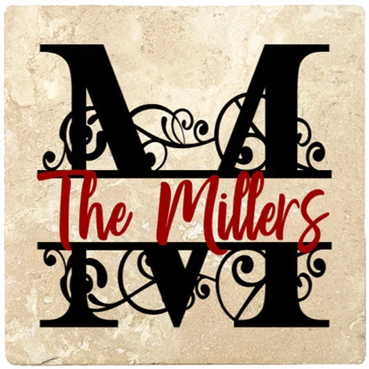4" Personalized Split Scroll Monogram Stone Coasters, 2 Sets of 4, 8 Pieces - Christmas by Krebs Wholesale
