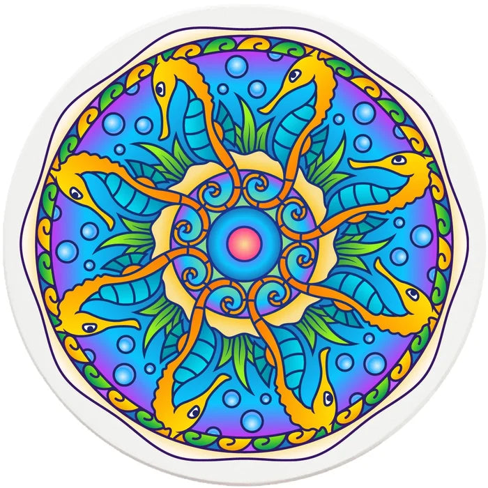 4" Round Ceramic Coasters - Mandala Seahorse, 4/Box, 2/Case, 8 Pieces - Christmas by Krebs Wholesale