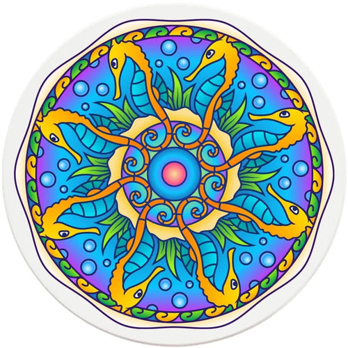 4" Round Ceramic Coasters - Mandala Seahorse, 4/Box, 2/Case, 8 Pieces - Christmas by Krebs Wholesale