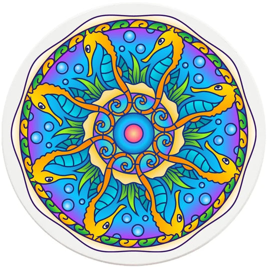 4" Round Ceramic Coasters - Mandala Seahorse, 4/Box, 2/Case, 8 Pieces - Christmas by Krebs Wholesale