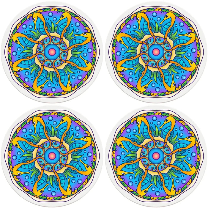 4" Round Ceramic Coasters - Mandala Seahorse, 4/Box, 2/Case, 8 Pieces - Christmas by Krebs Wholesale