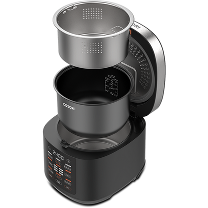 Exploded view of the Cosori Rice Cooker showing the nonstick inner pot and stainless steel steam basket.