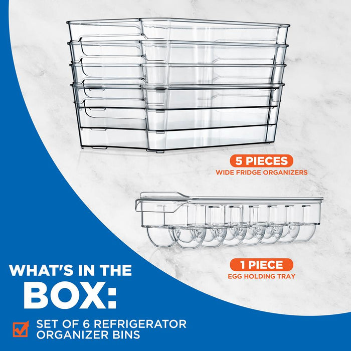 6-Piece Clear Fridge Organizer Set, BPA-Free, Shatter-Resistant Plastic
