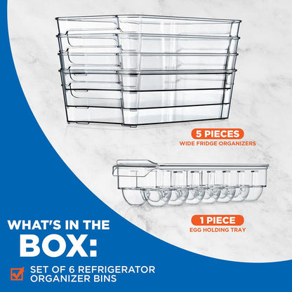 6-Piece Clear Fridge Organizer Set, BPA-Free, Shatter-Resistant Plastic