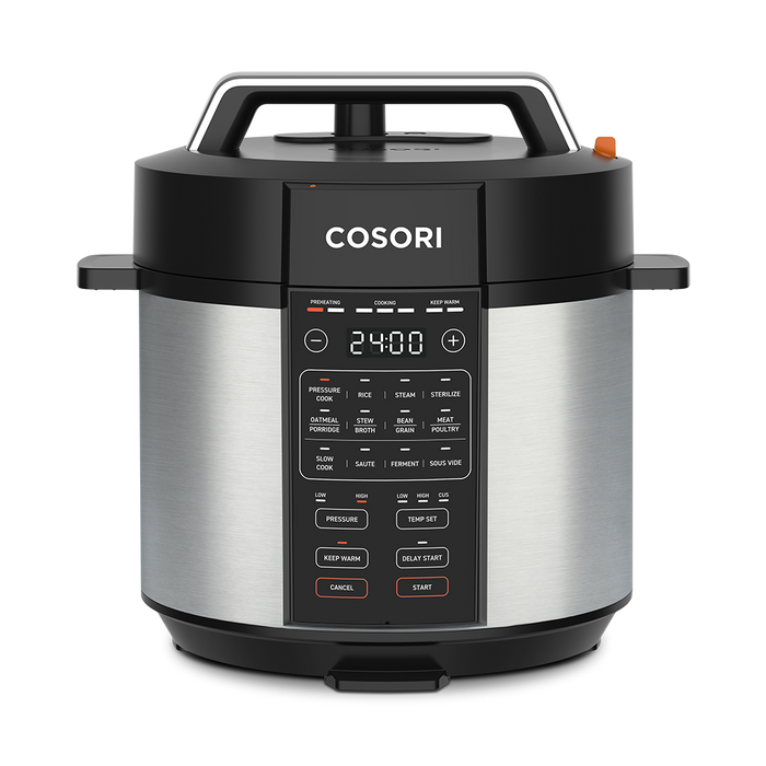 Cosori 6.0-Quart Pressure Cooker featuring a stainless steel exterior and 9-in-1 digital control panel.