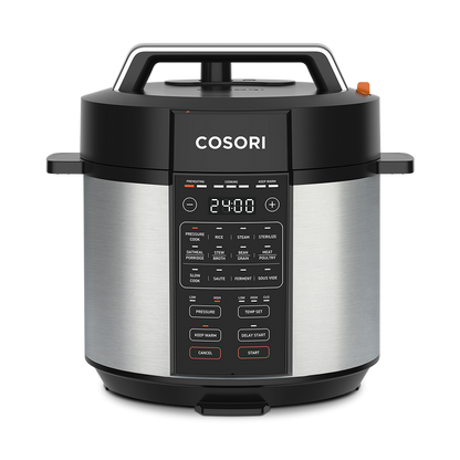 Cosori 6.0-Quart Pressure Cooker featuring a stainless steel exterior and 9-in-1 digital control panel.